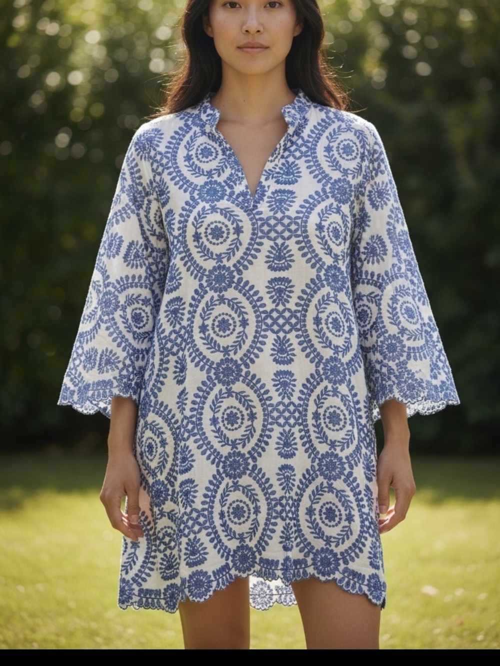 Sunday Up blue embroidered cotton boho tunic cottagecore coastal grandma S